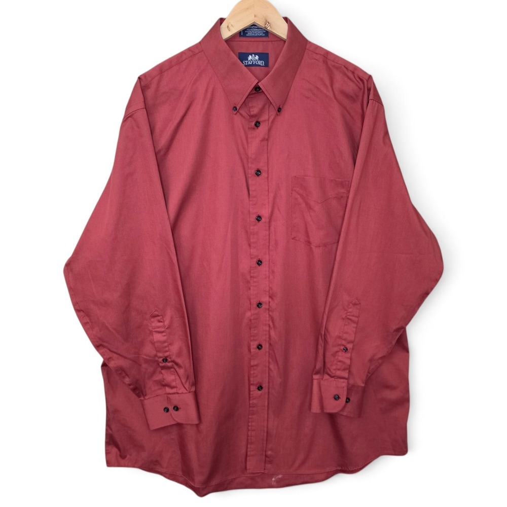 Stafford Mens Dress Shirt 17.5 34/35 Burgundy Red Long Sleeve Button Down Pocket